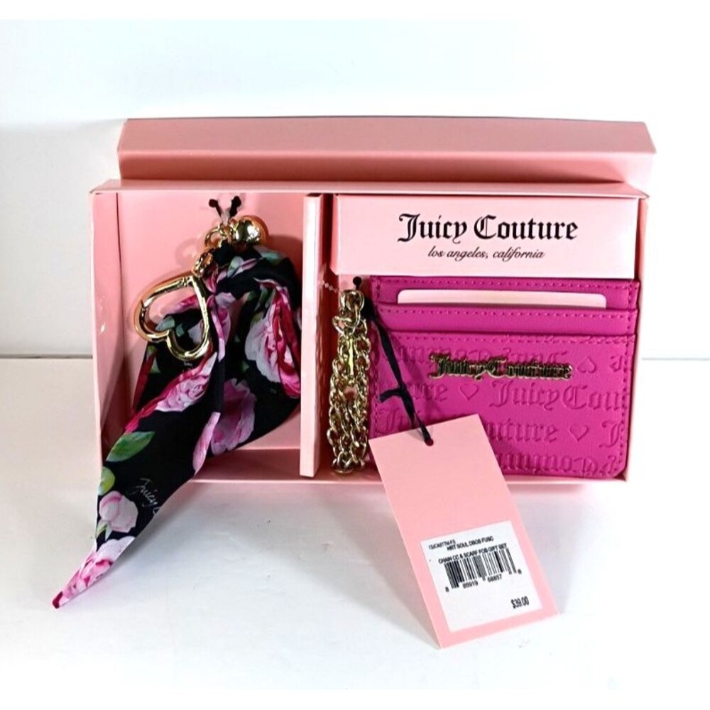 NWT Juicy Couture Hot Pink Card Wallet Key Chain & Scarf Gift Set Open Box - Picture 5 of 16